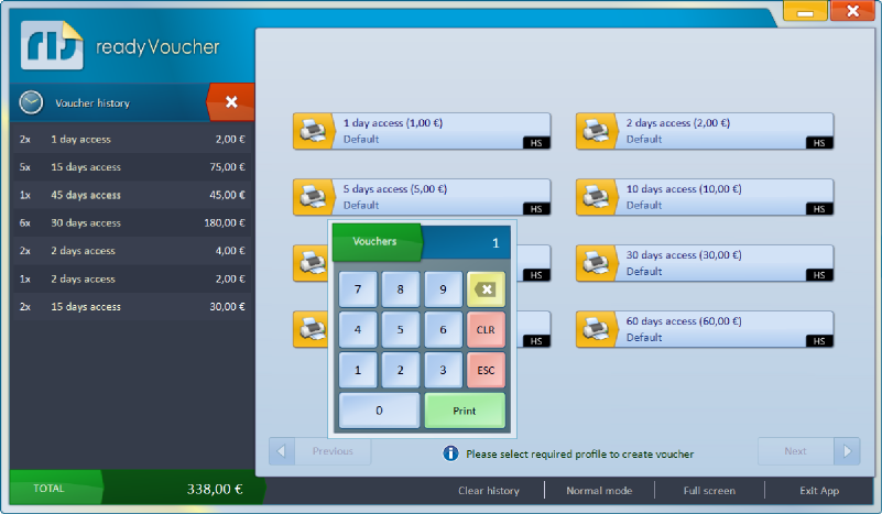 readyVoucher interface generating hotspot vouchers